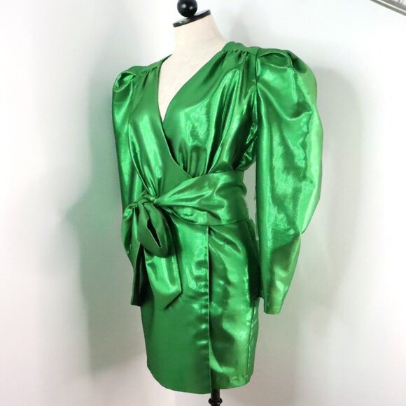 Happy x Nature Women's 2 Kate Hudson Metallic Green Wrap Dress 80's Inspired - Picture 3 of 16